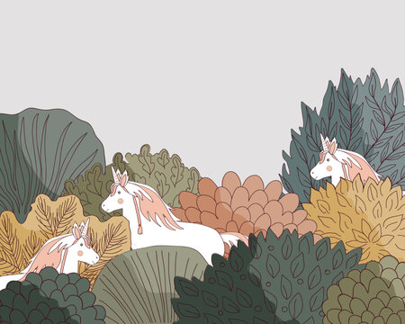 Doodle Autumn hand drawn forest and unicorns border in linear style. Fairy Fall floral background with cartoon trees and fairy animals. Vector illustration.