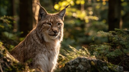 Obraz premium A lynx sits gracefully among the trees bathed in warm evening light and surrounded by nature.