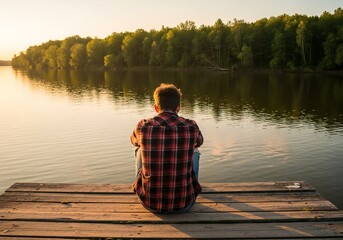 A young man sits on a wooden dock, gazing out over a calm lake during sunset. The scene captures a moment of solitude and reflection.