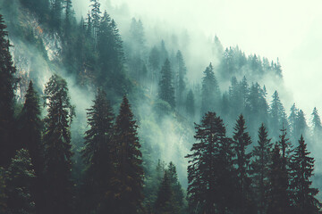 Dramatic mountain forest shrouded in atmospheric mist, evergreen trees create a moody and serene landscape, ideal for travel and nature inspiration