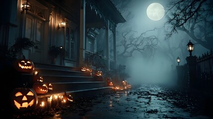 A creepy atmospheric scene of a haunted looking porch adorned with glowing jack o lanterns surrounded by fog and a full moon on a chilly autumn night
