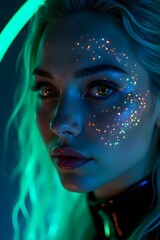 Young woman ethereal gaze with serene mood illuminated by neon green and blue lights representing cosmic beauty against a dark neon background