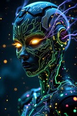 Cyborg with intense mood staring, glowing circuit patterns representing advanced AI against a dark bokeh background