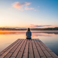 A woman sits on a wooden dock overlooking a tranquil lake at sunrise. The scene captures the peacefulness of early morning with soft colors reflecting on the water.