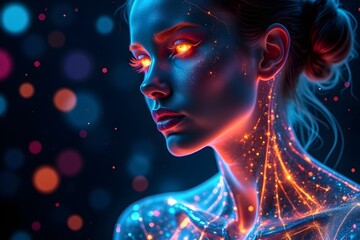 Ethereal woman with fiery gaze representing cosmic energy against neon bokeh background