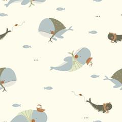 Seamless pattern with cute whales and fishes, kids pattern. Vector illustraion with sea animals.