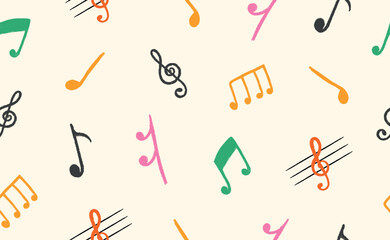 Musical Note seamless pattern. Hand Drawn Crayon texture. Doodle music Icon. Сolor chalk elements for disco poster, punk rock party. Isolated children vector illustration.