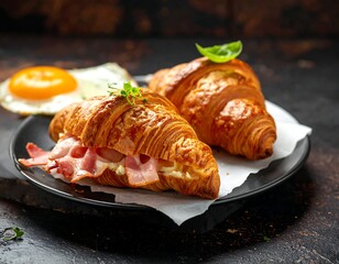 Croissants filled with meat and cheese, plus an egg, beautifully plated