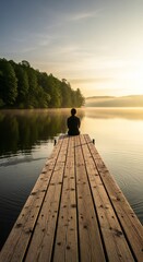 A solitary figure sits on a wooden dock, gazing out over a tranquil lake at sunrise. The scene captures the peacefulness of nature and solitude.