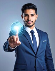 Businessman Touching Futuristic Glowing Digital Globe for Global Innovation.