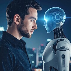 Man and Robot Face to Face Future Technology Concept.
