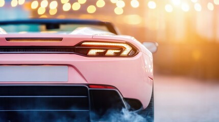 Obraz premium Luxury sports car parked under city lights at sunset