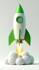 Stylized rocket ship launching with smoke and fire symbolizing startup success and innovation.