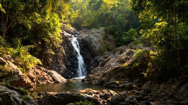 Jungle waterfall scene with sunlight filtering through trees and misty natural air