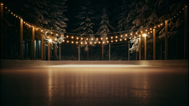 Outdoor ice rink illuminated by string lights in winter night   - Powered by Adobe