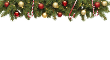 Festive fir branches with red and gold baubles and candy canes on a transparent background, PNG image