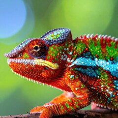 Vibrant Panther Chameleon with Intricate Scales and Bright Colors Perched on Branch.