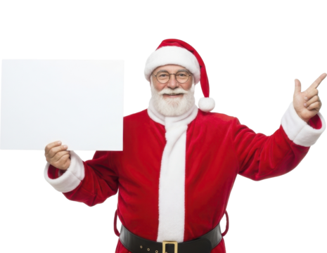 Smiling Santa holding blank sign and pointing, on transparent background PNG image PNG file