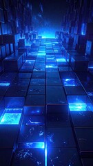 Futuristic digital corridor with glowing blue geometric structures and abstract technology.