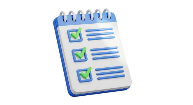 3d rendered notepad with checklist paper and pen on transparent background