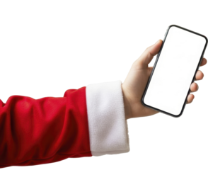  Santa Claus Arm Holding Modern Smartphone with Blank White Screen on a Transparent Background PNG File for Holiday Mockup