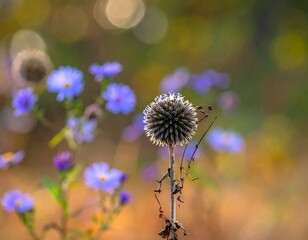 Close-up of withered globe thistle with blurred purple flowers