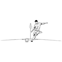Dynamic soccer player kicking ball from corner, scoring goals, sports action illustration