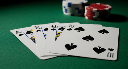 Royal flush spades cards and poker chips gambling