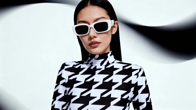 Fashion model posing in black and white houndstooth turtleneck with white rectangular sunglasses, studio portrait with bold graphic pattern and modern minimal style for editorial and advertising