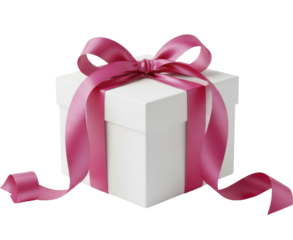  White square gift box with a vibrant pink satin ribbon tied in a neat bow, with trailing ribbon elements, on a transparent background, PNG image