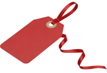 Red blank price tag with ribbon on a transparent background PNG image, empty label for sale or gift message, customizable template PNG file