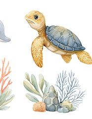 Tartaruga marinha e recifes de coral pintados em aquarela, ilustra&ccedil;&atilde;o vetorial de vida marinha subaqu&aacute;tica