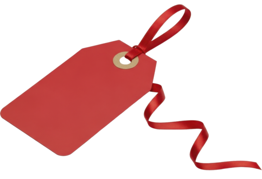 Red blank price tag with ribbon on a transparent background PNG image, empty label for sale or gift message, customizable template PNG file