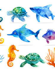 Ilustra&ccedil;&otilde;es em aquarela de animais marinhos coloridos, incluindo cavalos-marinhos, tartarugas, golfinhos e tubar&otilde;es.