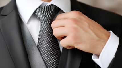 Dapper individual adjusting tie professional setting business portrait elegance close-up style enhancement