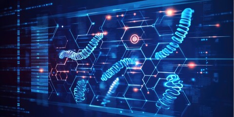 DNA strands on a blue, hexagonal, digital interface