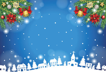 クリスマス背景、町並みシルエット、青、かわいい、イラスト、横