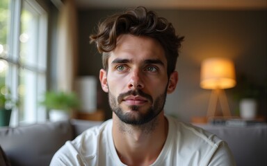 Bored man spending summer vacations at home. High quality