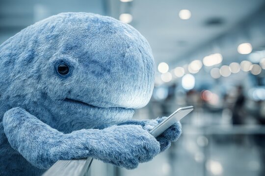 Anthropomorphic whale's fearful encounter with tech. How crypto works. Crypto trading explained: hope, hype and hidden pitfalls. Whale expression. Room with whale.