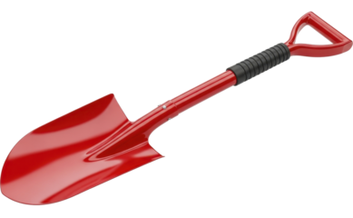 Red shovel with black handle grip for digging and gardening on a transparent background, PNG image