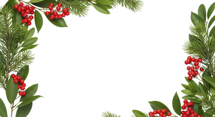  Winter holiday frame with red berries and pine needles on a transparent background, PNG image