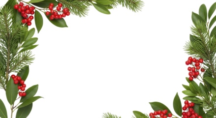  Winter holiday frame with red berries and pine needles on a transparent background, PNG image
