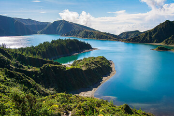 lake and mountains in Azores