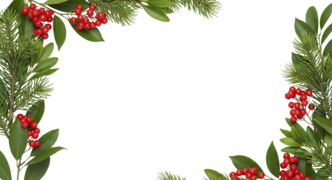  Winter holiday frame with red berries and pine needles on a transparent background, PNG image