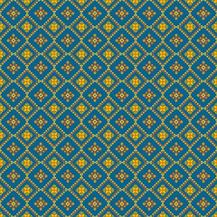 A floral geometric seamless pattern with diamond shapes and decorative elements in gold, orange, and teal tones. The intricate balance between floral and geometric motifs makes it ideal for fabric.