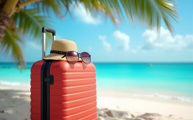 Full Suitcase With Accessories On Tropical Beach. High quality