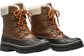  Two brown leather winter boots with sherpa lining and orange laces on a transparent background, PNG image