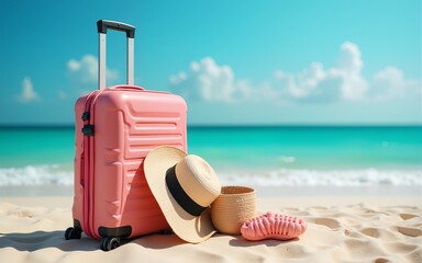 Full Suitcase With Accessories On Tropical Beach. High quality