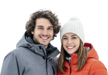  Smiling young couple wearing winter jackets with snowflakes on a transparent background, PNG image, PNG file.