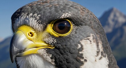 Obraz premium Close-up of a majestic peregrine falcon's keen eye, showcasing its intricate details and sharp gaze against a blurred mountainous backdrop, highlighting avian predatory focus